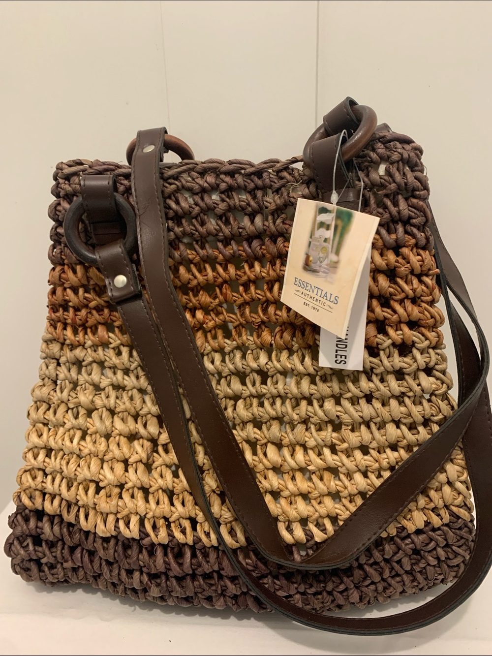 Essentials Woven Ombre Shoulder Bag - Brown/Tan/Cream with leather handles. NEW